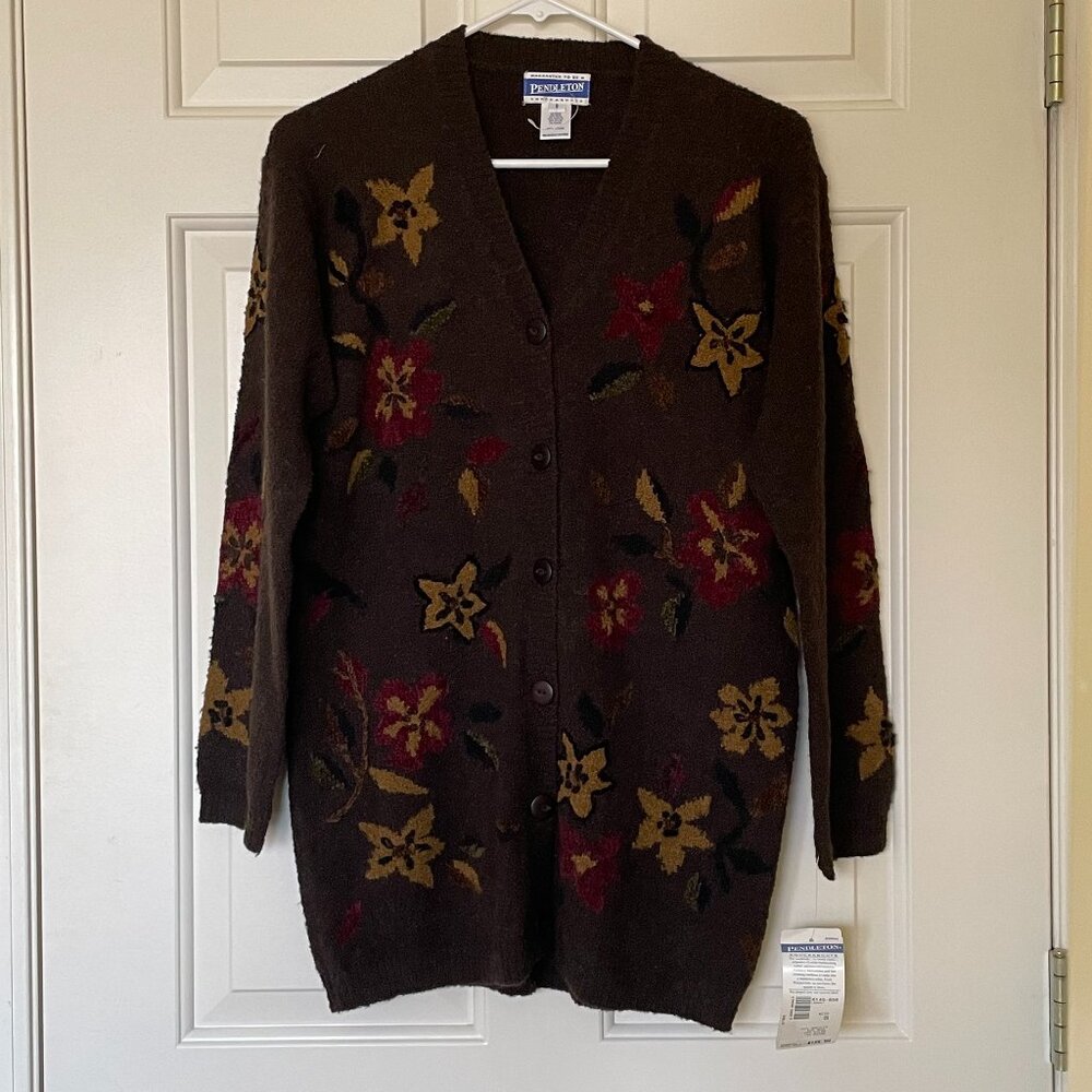 NWT Pendleton Knockabouts Vintage Floral Brown Cardigan Sweater Embroidery S